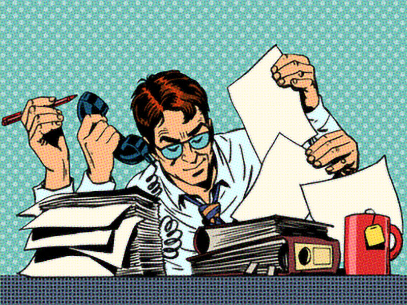 cartoon man with four arms multitasking in the office